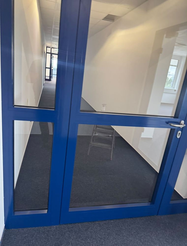 Gereinigter Eingangsbereich mit Glastüren und Teppichboden